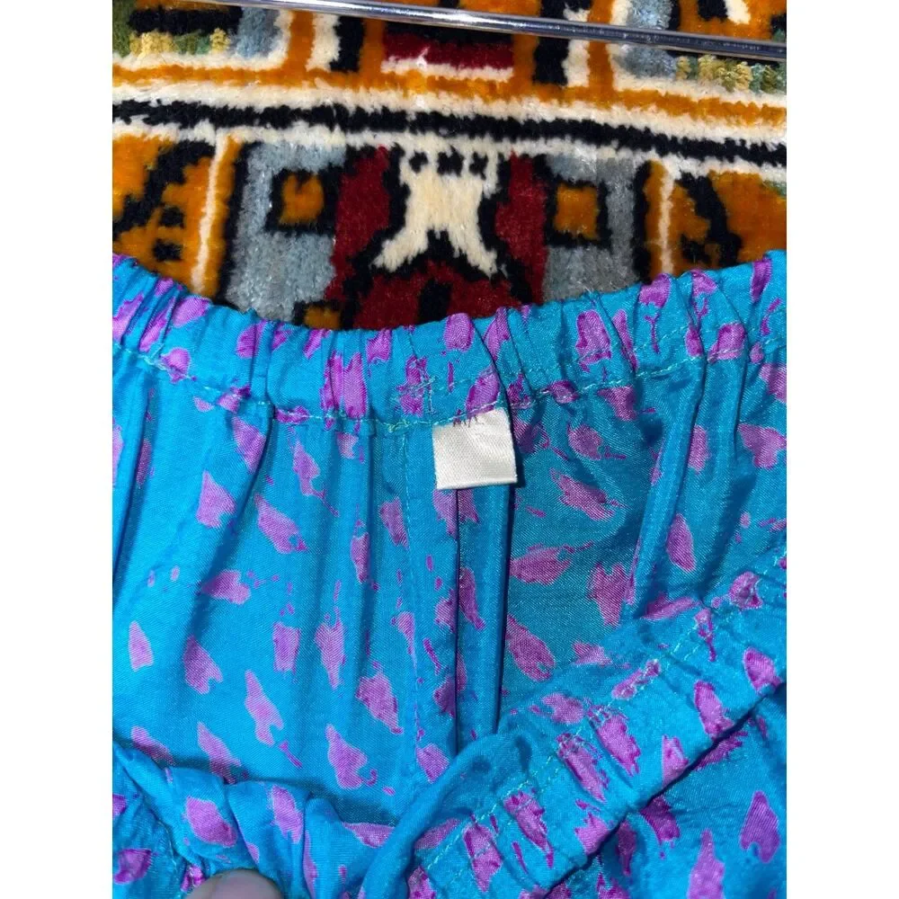 Vintage Custom 100% Silk Artsy Blue Patterned Wide Leg Pants Size M Boho Luxe